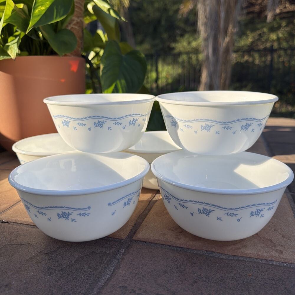 Vintage Set 6 Corelle MORNING BLUE Deep Dessert Rice Bowls 4 7/8”